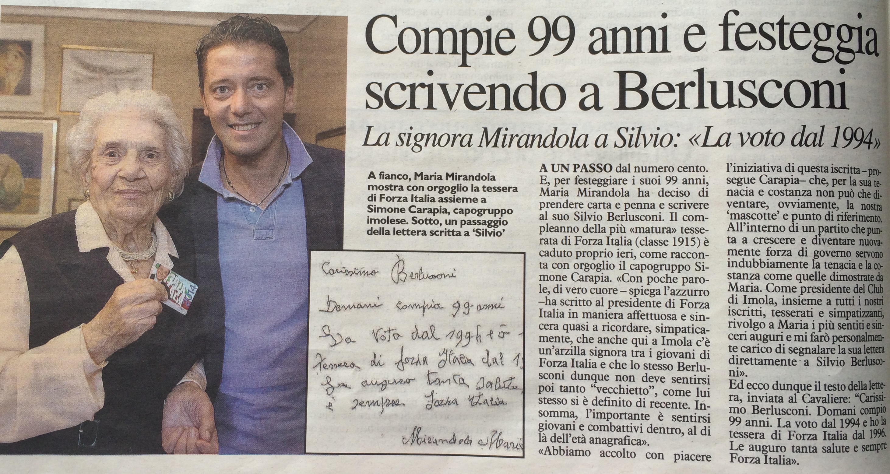 A 99 ANNI TESSERATA DI FORZA ITALIA IMOLESE SCRIVE A SILVIO: “LA VOTO DAL 1994”