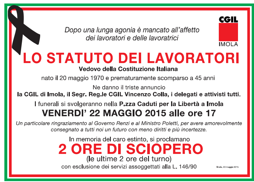 45° ANNIVERSARIO STATUTO DEI LAVORATORI, 2 ORE DI SCIOPERO VENERDÌ 22 MAGGIO CONTRO IL JOBS ACT