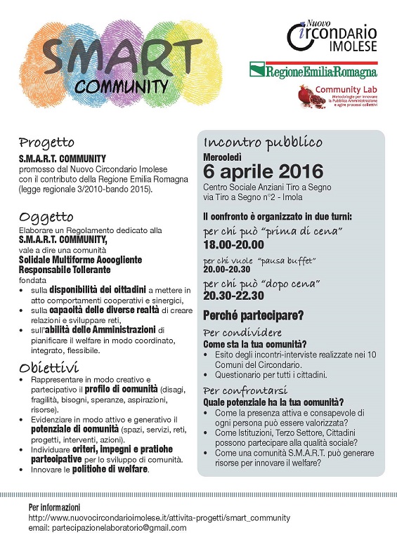 UN INCONTRO PUBBLICO PER CONDIVIDERE E CONFRONTARSI SUI PRIMI RISULTATI DEL PROGETTO SMART COMMUNITY IL 6 APRILE AL CENTRO SOCIALE TIRO A SEGNO DI IMOLA