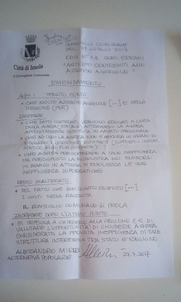 AGRICOLTURA, CONSIGLIO COMUNALE HA APPROVATO L’ODG DI DOMENICO ERRANI.