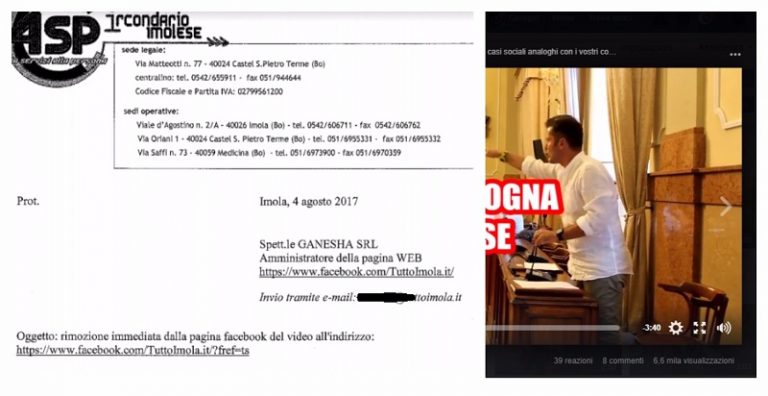 ASP IMOLA DIFFIDA TUTTOIMOLA A RIMUOVERE UN VIDEO DALLA SUA PAGINA FACEBOOK
