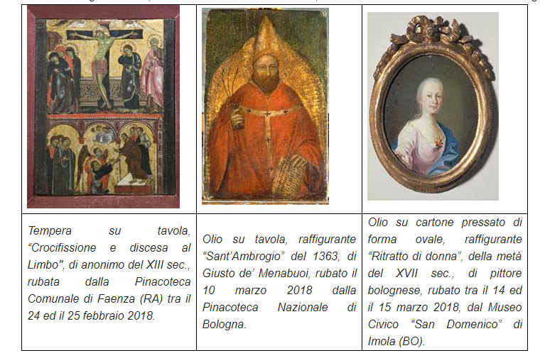 RECUPERATI DAI CARABINIERI DEL COMANDO TUTELA PATRIMONIO CULTURALE TRE PREGEVOLISSIMI DIPINTI RUBATI NELLE SEDI MUSEALI DI FAENZA, BOLOGNA E IMOLA