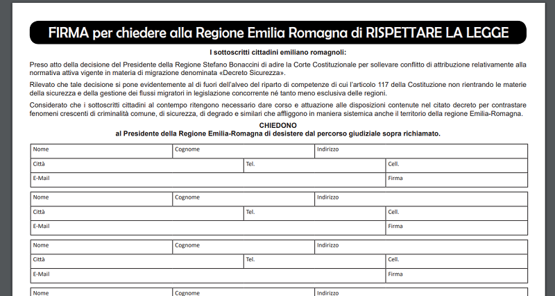 FORZA ITALIA: UNA PETIZIONE PER CHIEDERE A BONACCINI DI NON FARE RICORSO SUL DECRETO SICUREZZA