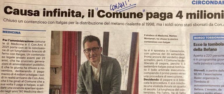 CASO ITALGAS MEDICINA: IMBARAZZANTE CHE CON.AMI PAGHI 4 MILIONI DI EURO PER SOPPERIRE AGLI ERRORI DELLE AMMINISTRAZIONI DI CENTRO SINISTRA.