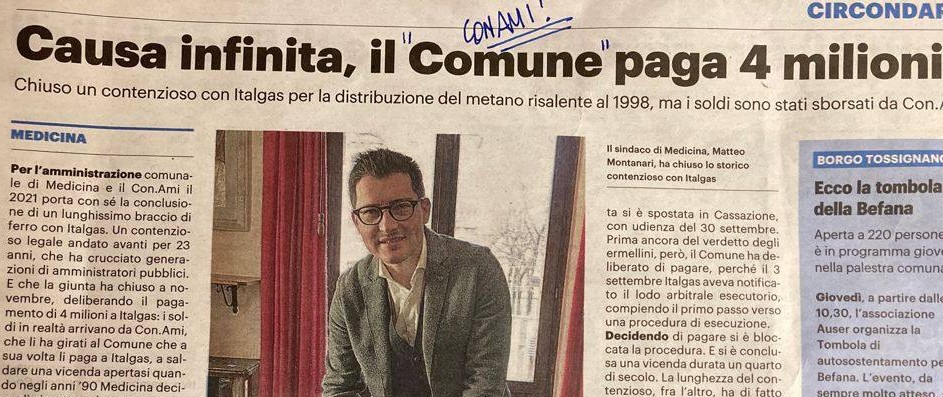 CASO ITALGAS MEDICINA: IMBARAZZANTE CHE CON.AMI PAGHI 4 MILIONI DI EURO PER SOPPERIRE AGLI ERRORI DELLE AMMINISTRAZIONI DI CENTRO SINISTRA.