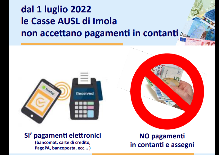 Imola – Dal primo luglio non sarà più possibile effettuare pagamenti in contanti o assegni alle casse dell’Azienda USL