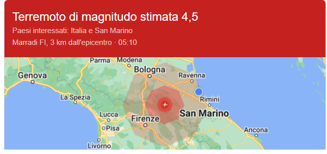 Terremoto di magnitudo 3.3 scuote Marradi con scosse avvertite anche ad Imola, Castel del Rio e Casola Valsenio