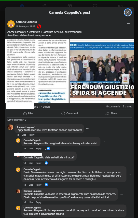 “Truffatori” nel dibattito sul referendum: al medico Linguerri arriva il “consiglio” dal avvocata del NO di stare attento a ciò che scrive