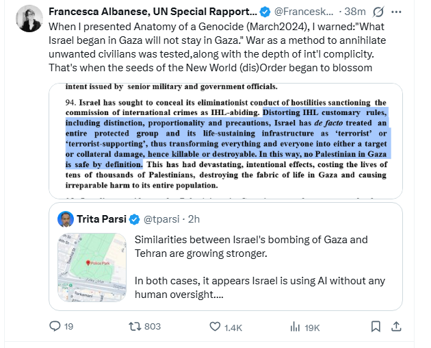 Il “modello Gaza” esportato a Teheran: l’allarme di Francesca Albanese sul nuovo disordine mondiale